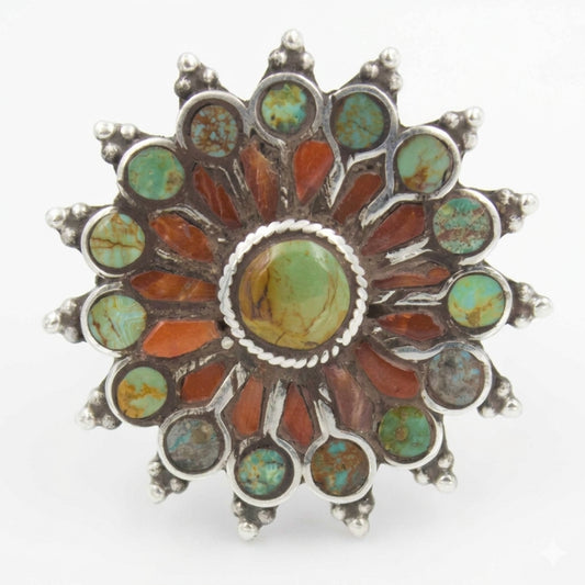 Vintage Natural Turquoise & Coral Sunburst Ring in Sterling Silver