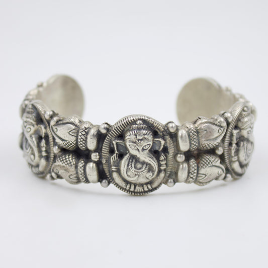 Vintage Handmade Etched Lord Ganesha Statement Cuff Bracelet in Sterling Silver