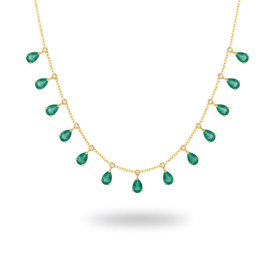 Minimal 5.32 Ct AAA Emerald & Diamond Pear Drop Necklace in 18K Yellow Gold