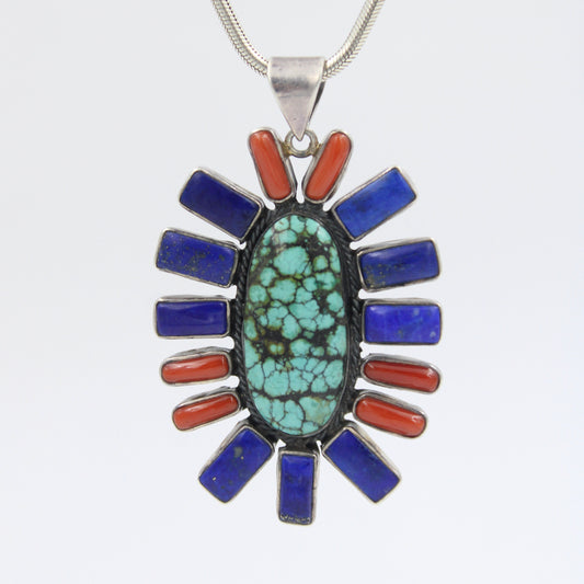Vintage Spiderweb Turquoise, Lapis & Coral Sterling Silver Pendant