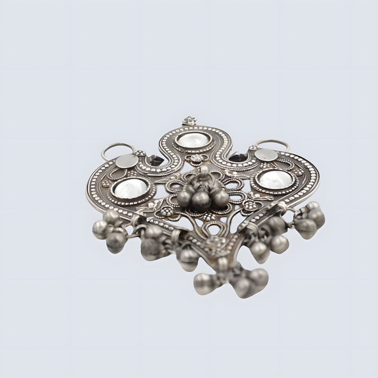 Antique Silver Heart-Shaped Tribal Pendant with Inlaid Glass & Ghungroo In Sterling silver
