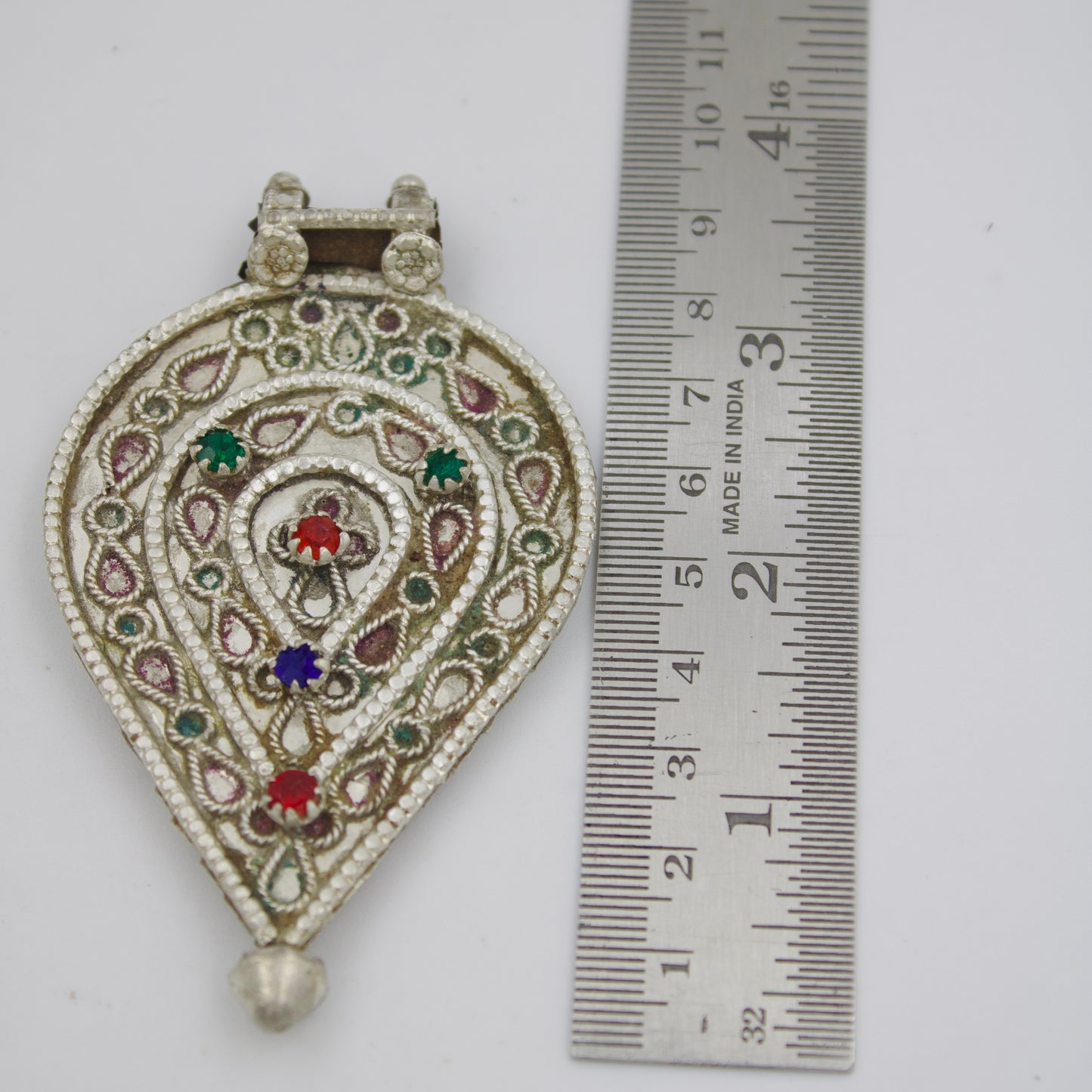 Antique Silver Paisley Pendant with Colorful Gem Accents & Intricate Bail 925 Sterling Silver