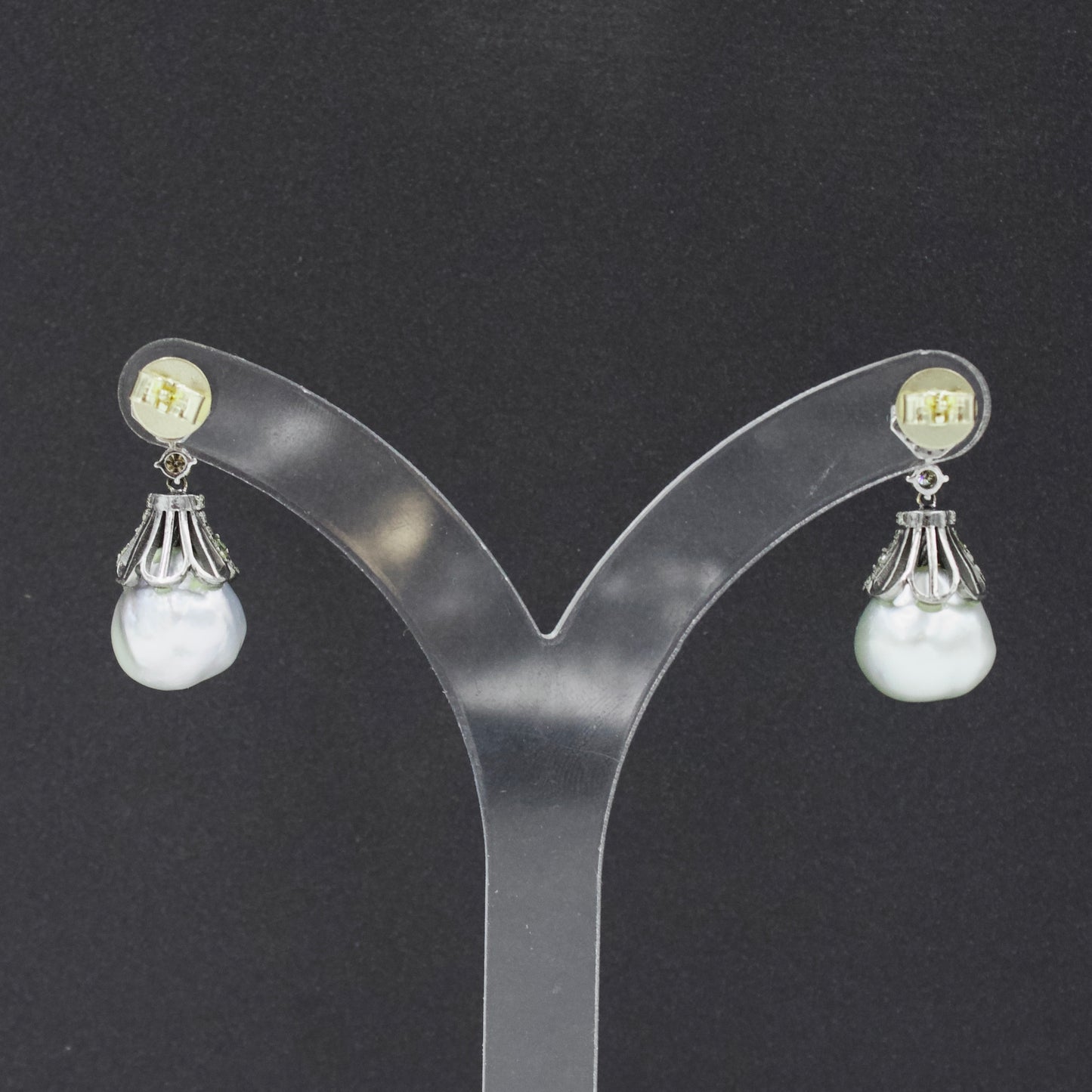 Art Deco Gold Silver Emerald Diamond Southsea Pearl Earrings in 14K Gold & Sterling Silver