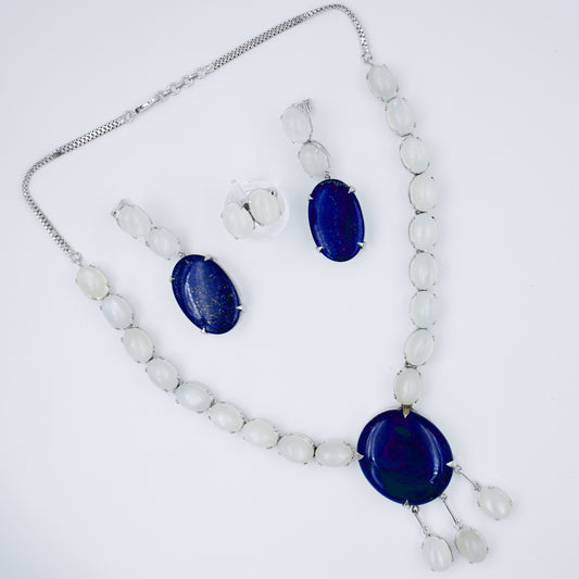 Vintage Art Deco Lapis Lazuli and Moonstone Statement Necklace Earrings and Ring in Sterling Silver
