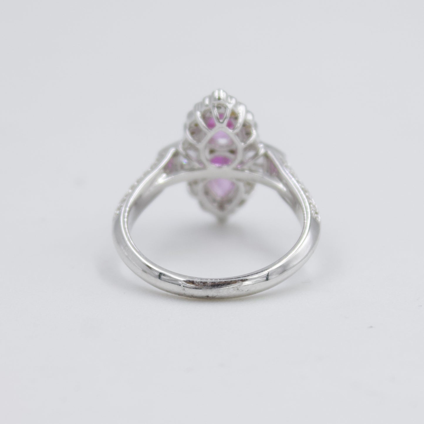 1.72 TCW Barbie Pink Sapphire & Diamond Halo Cocktail Ring in 18K Gold