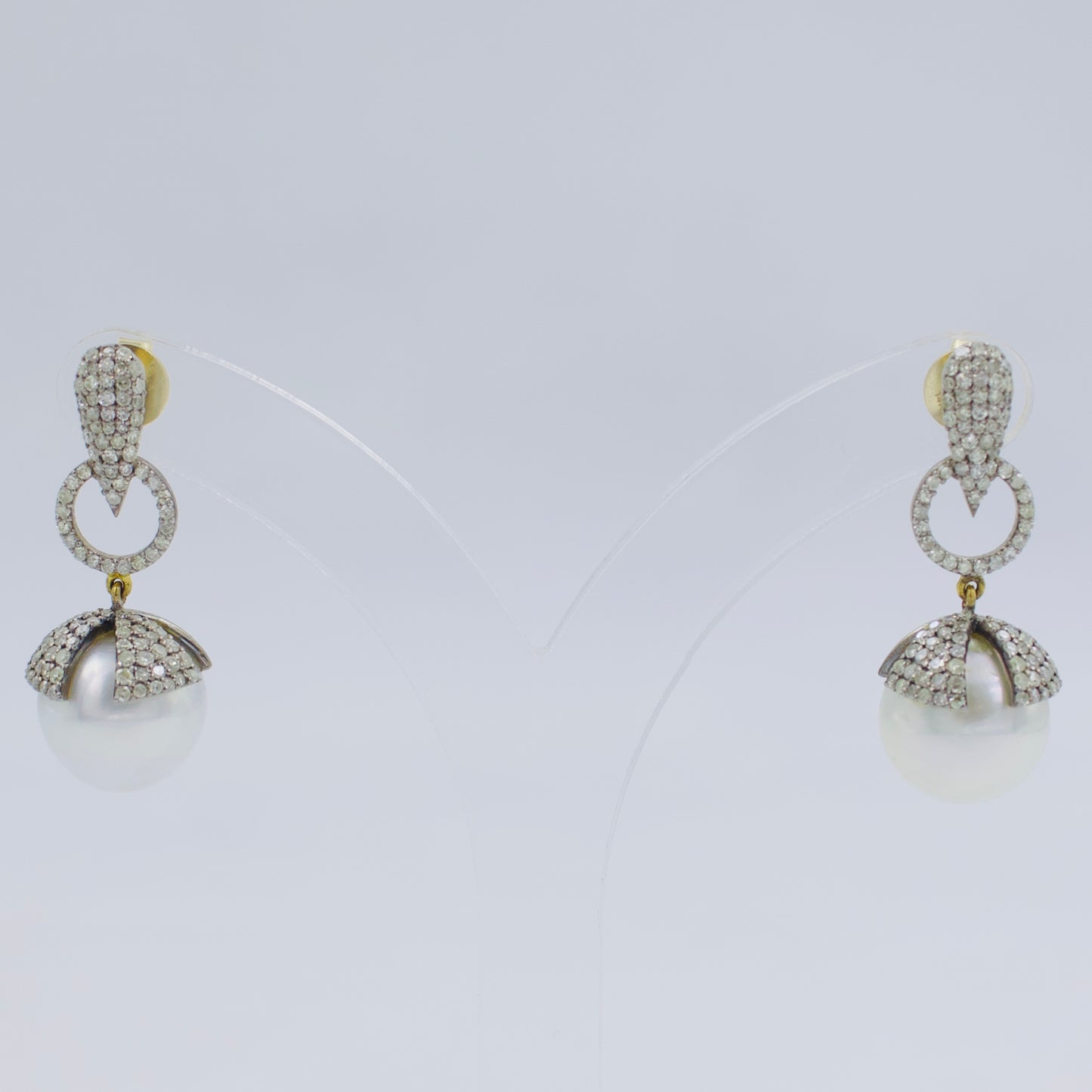 Victorian Diamond South Sea Pearl Drop Earrings in 14K Gold & Sterling Silver
