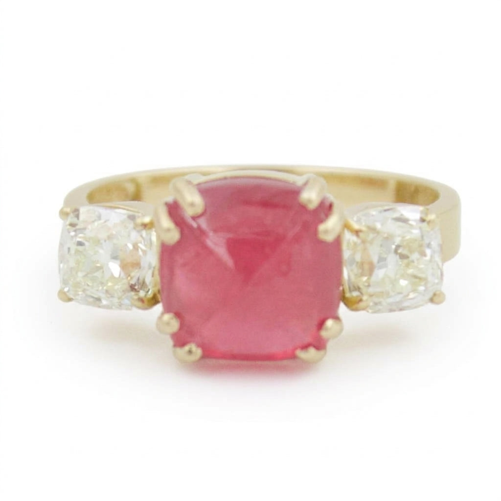 Unique 5.34 Ct Mahenge Red Spinel & Old Mine Diamond 3 Stone Ring in 18KY Gold