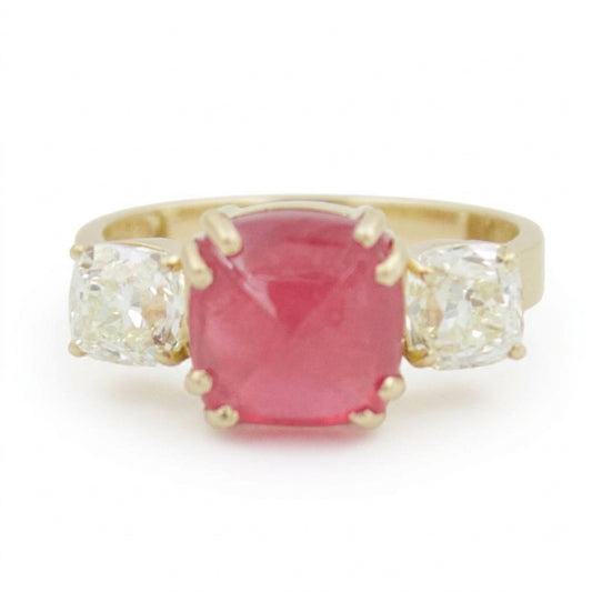 Unique 5.34 Ct Mahenge Red Spinel & Old Mine Diamond 3 Stone Ring in 18KY Gold