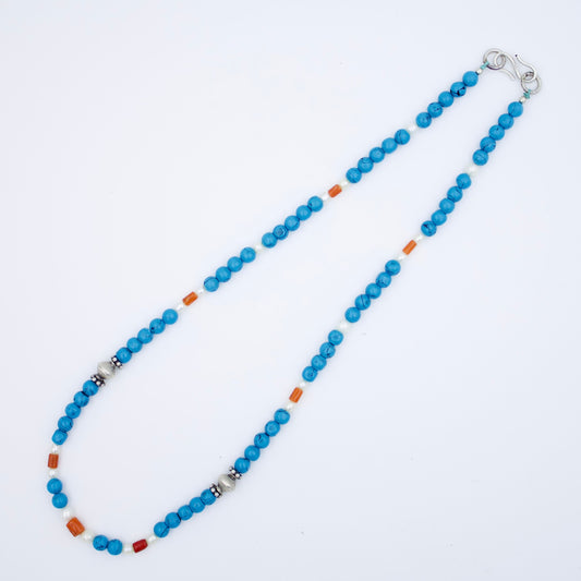 Vintage Turquoise Coral & Pearl Beaded Necklace in Sterling Silver