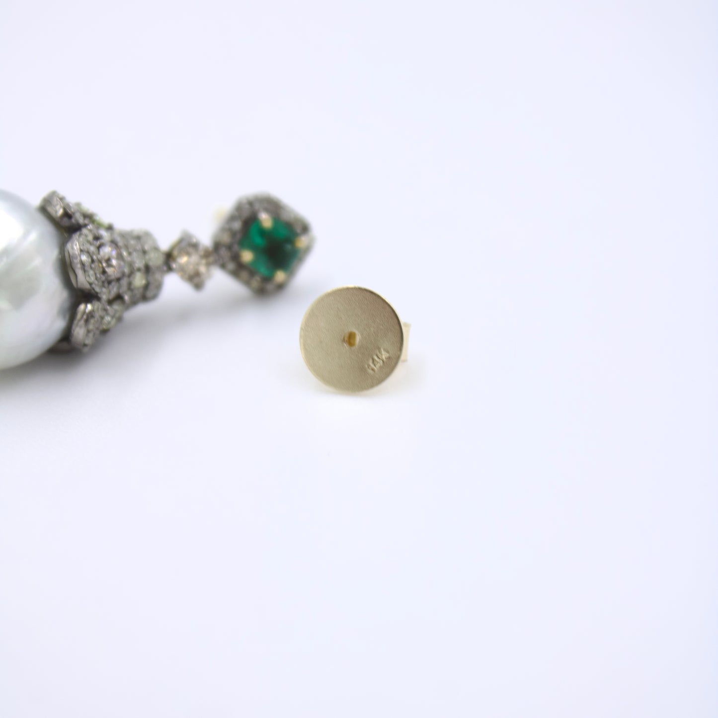 Art Deco Gold Silver Emerald Diamond Southsea Pearl Earrings in 14K Gold & Sterling Silver