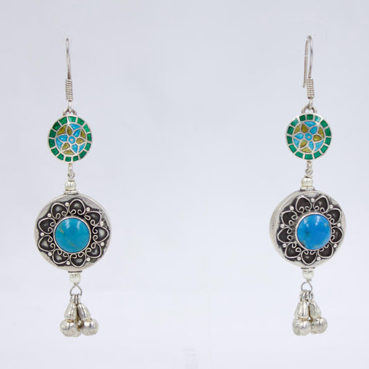 Handmade Enamel and Turquoise Floral Statement Drop Earrings in Sterling Silver