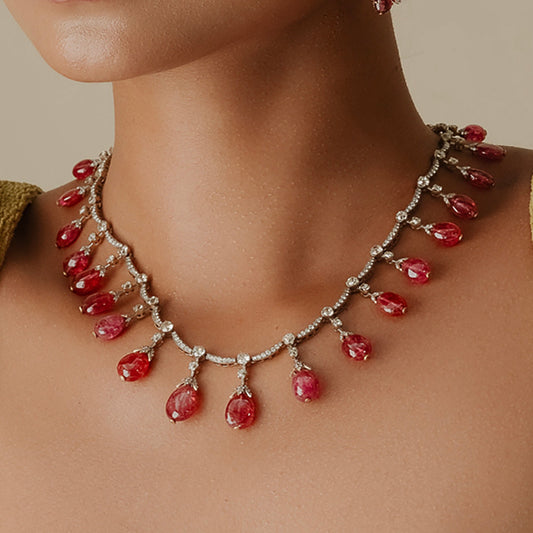 121.7 Ct Untreated Burmese Jedi Spinel & Old Mine Diamond Graduated Necklace in 18K Gold