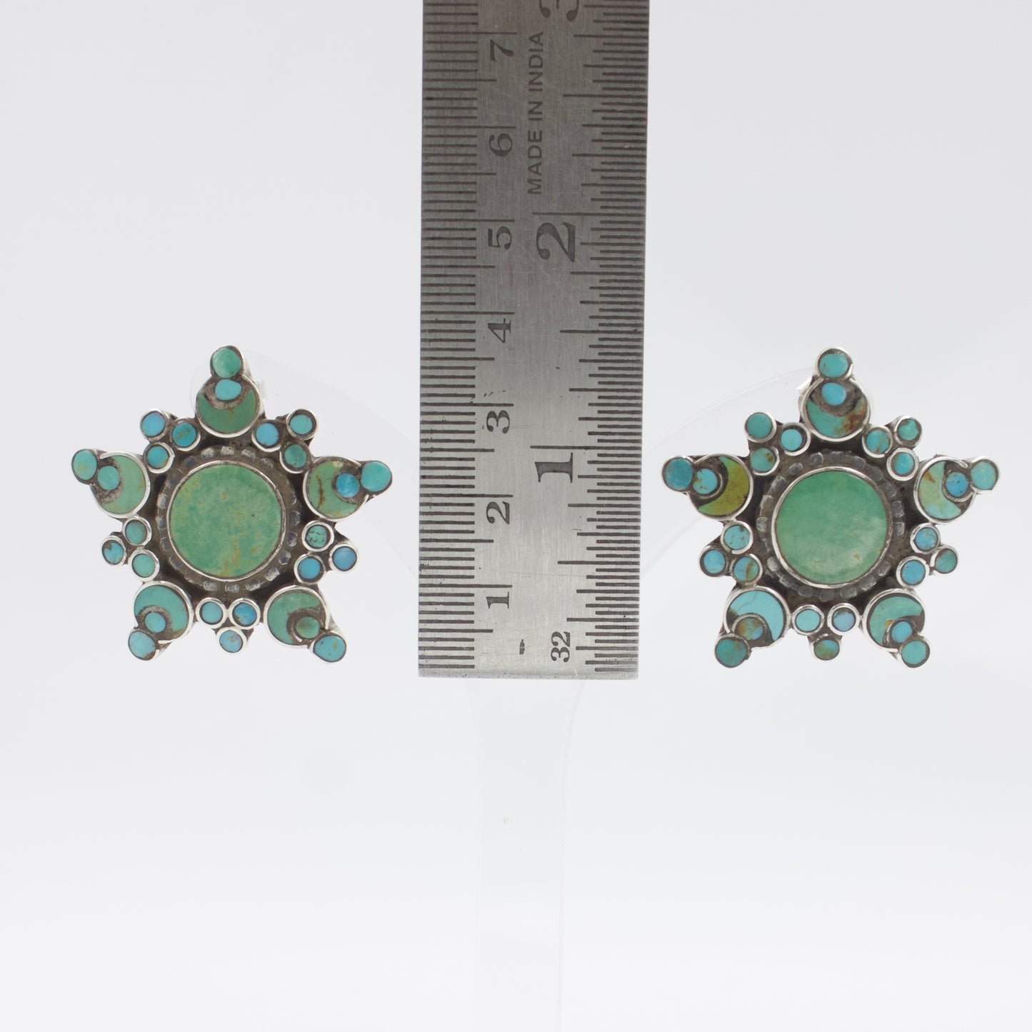 Vintage South West Natural Turquoise Star Cluster Stud Earrings Sterling Silver