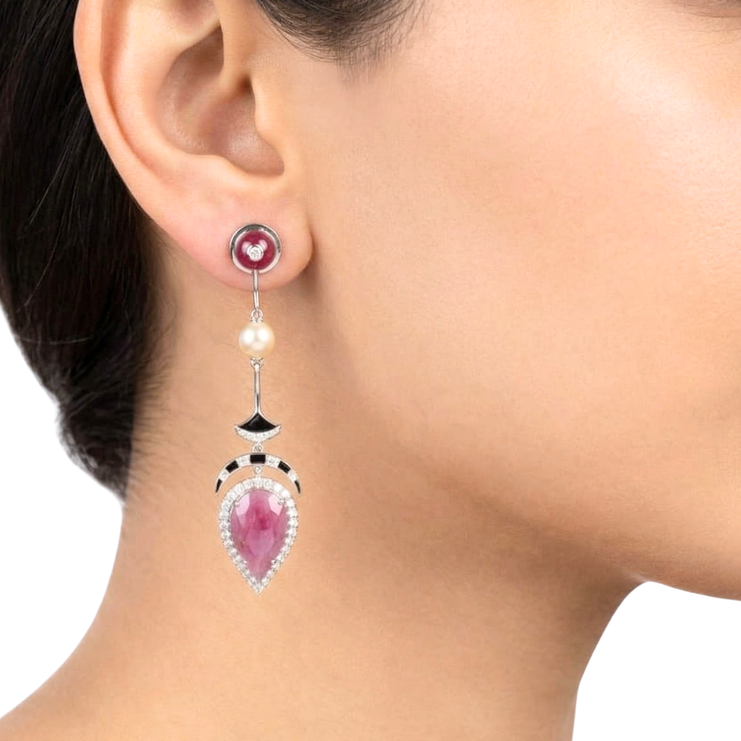 15.52 Ct Art Deco Ruby, Pearl & Diamond Geometric Drop Earrings in 18K White Gold