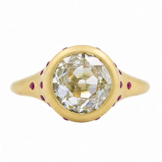 IGI 2.26 Ct Old European Cut Diamond & Ruby Engagement Ring in 18KY Brushed Gold