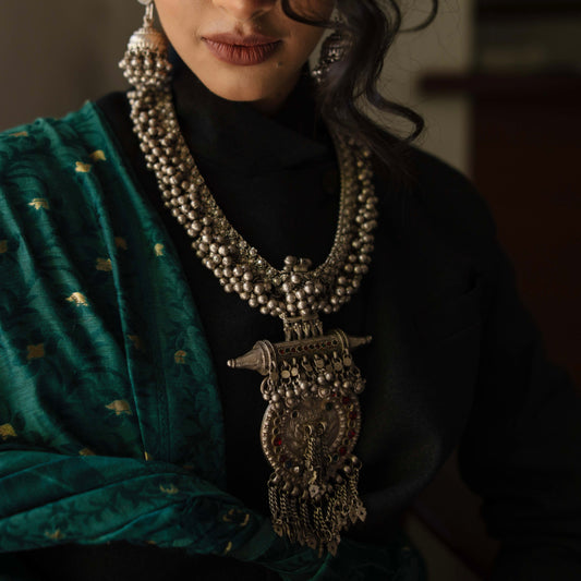 Antique Indian Rajasthani Tribal Long Statement Pendant Necklace in Silver Circa 1930 Collection Piece