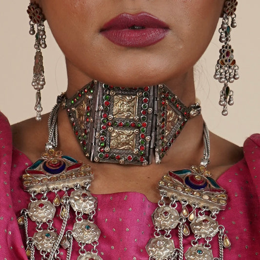 Antique Barmeri Choker / Bajuband with Colored Rhinestone with Hidden Compartment in Silver Circa 1920's Collectors Piece