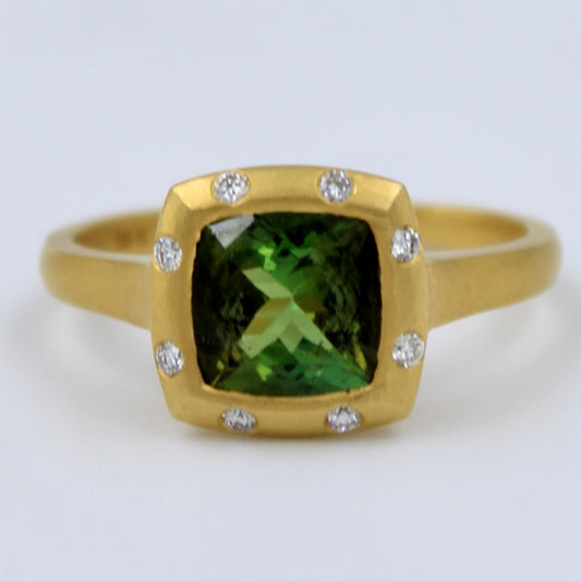 Natural 1.54 Ct Green Chrome Tourmaline & Diamond Ring 18K Brushed Gold