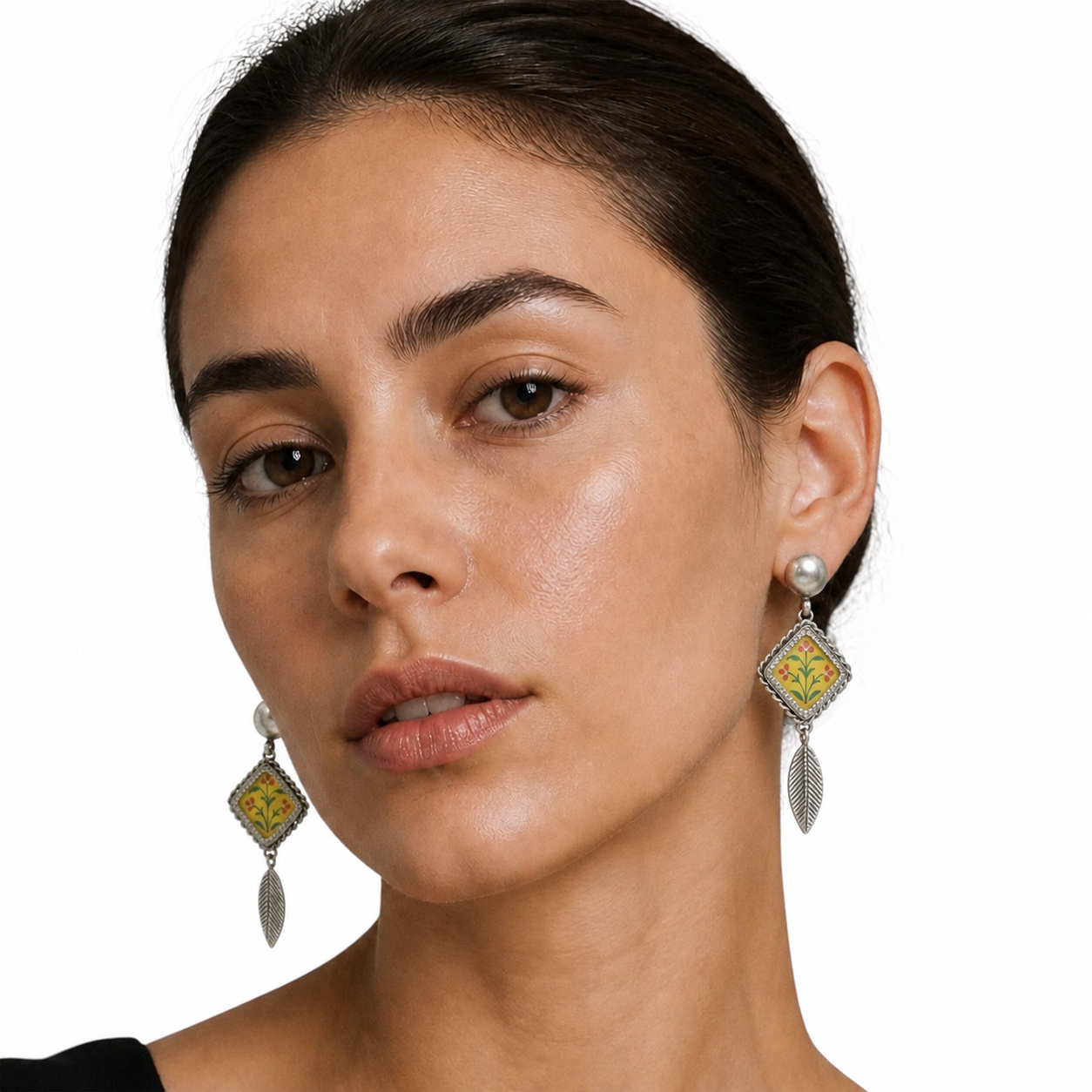 Vintage Hand-Painted Floral Drop Earrings with Leaf Dangles in 925 Sterling Silver