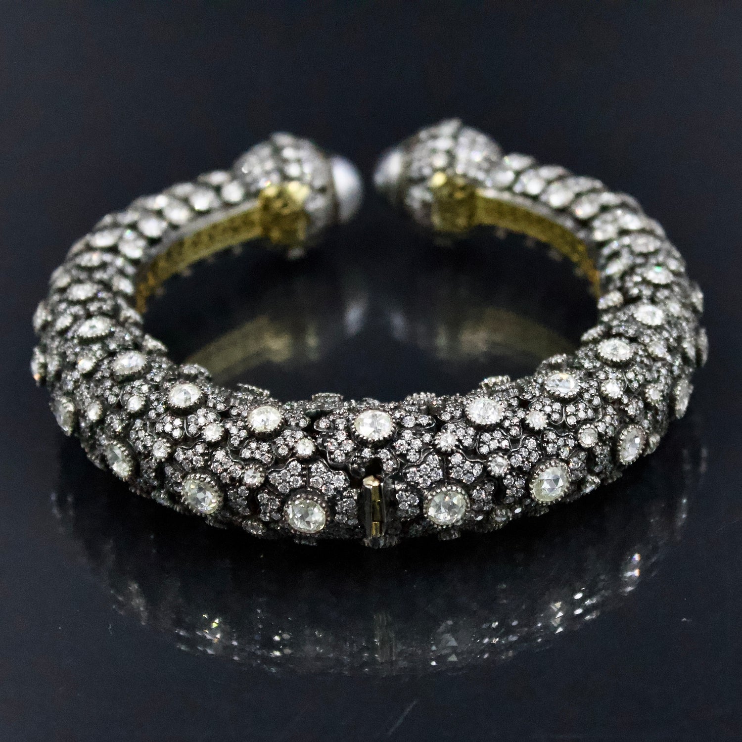 Luxury Victorian Statement Bracelet with Natural Rose Cut Diamonds and Pearls in 14K Yellow Gold and Sterling Silver