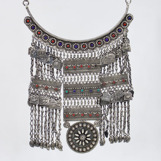 Vintage Afghani Hand Etched Tribal Statement Choker Necklace with Coral Lapis and Turquoise in Sterling Silver 20 Inch