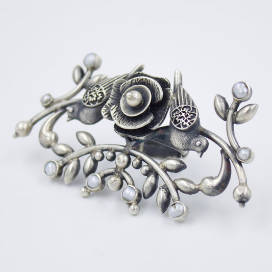 Handmade Tribal Indian Bird Statement Cocktail Ring with Pearls in Sterling Silver