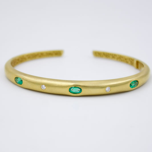 Minimalist Emerald and Diamond Bamboo Cuff Bracelet in 18K Brushed Gold