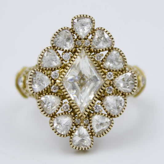 Luxurious Rose Cut Diamond Cocktail Ring with Filigree Work in 18K Brushed Gold