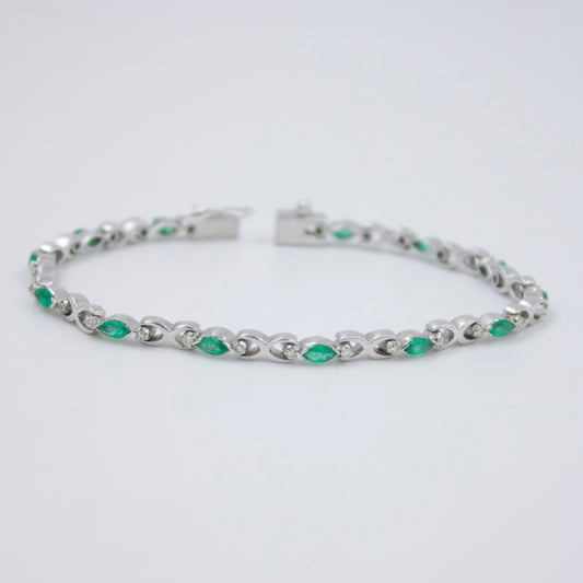 Natural Emerald & Diamond Tennis Bracelet in 18K White Gold