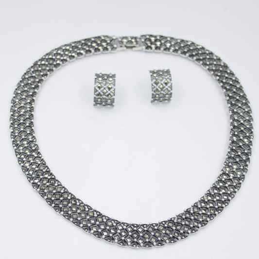Elegant Marcasite Chatai Necklace and Earrings Set in Sterling Silver