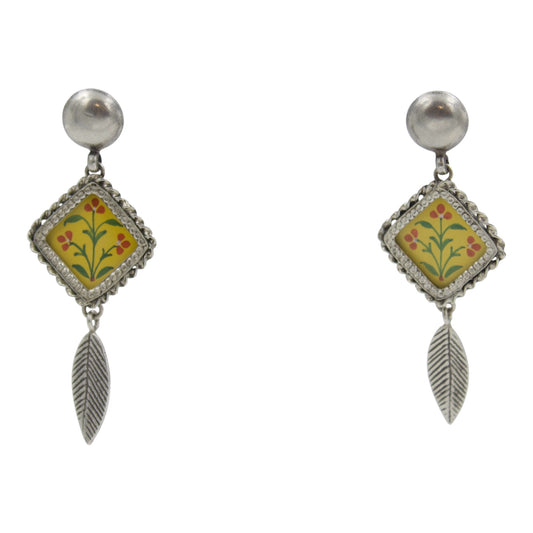 Vintage Hand-Painted Floral Drop Earrings with Leaf Dangles in 925 Sterling Silver