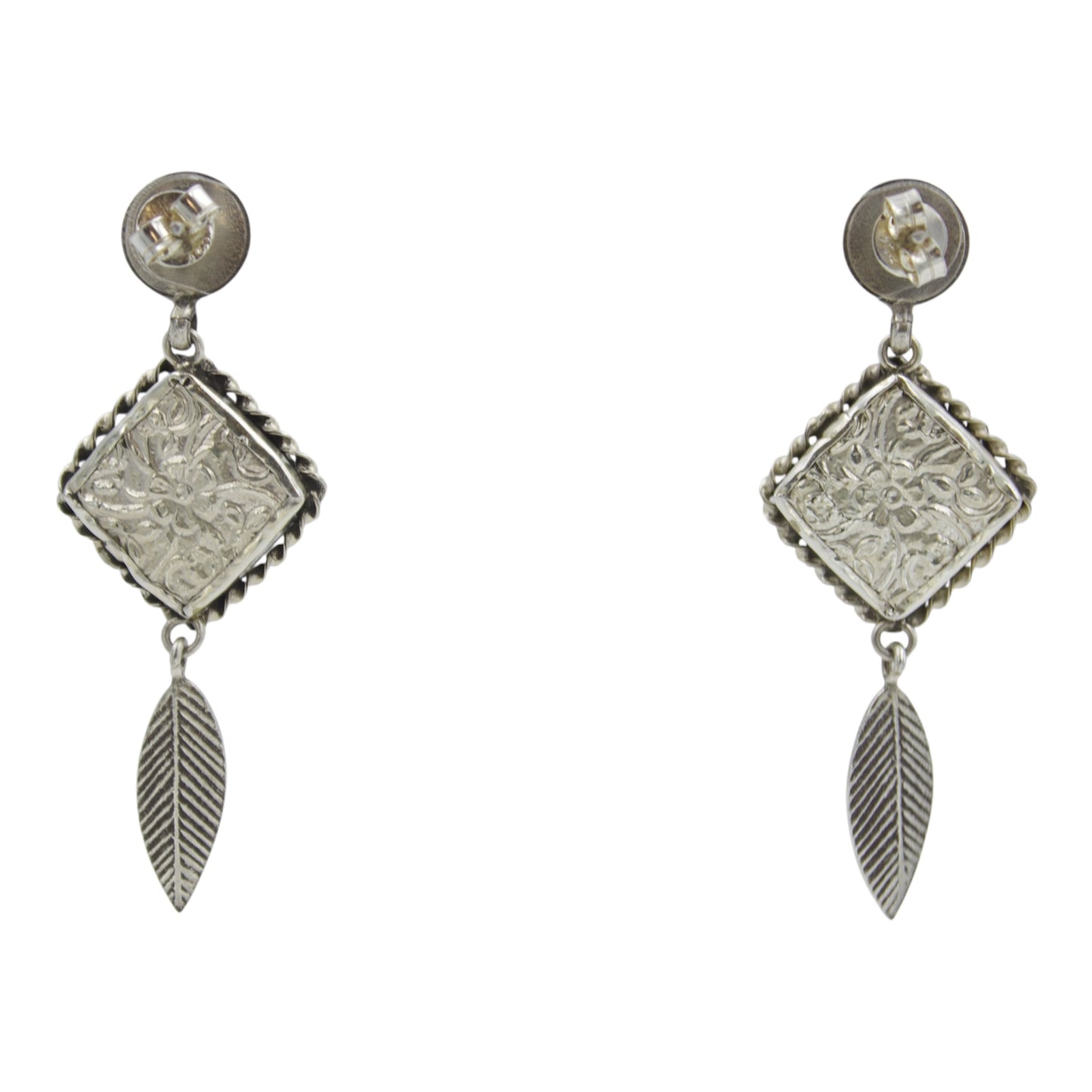 Vintage Hand-Painted Floral Drop Earrings with Leaf Dangles in 925 Sterling Silver