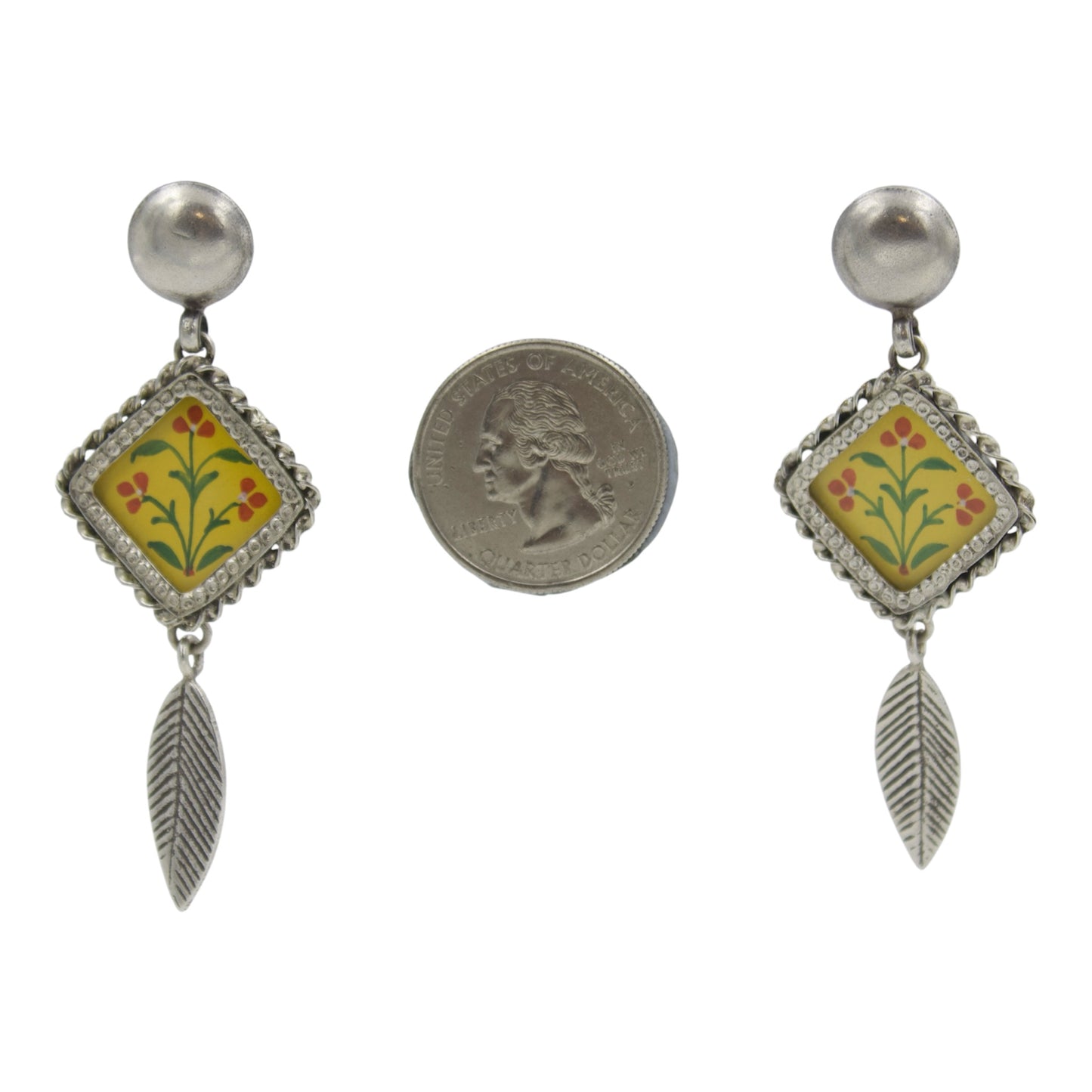 Vintage Hand-Painted Floral Drop Earrings with Leaf Dangles in 925 Sterling Silver