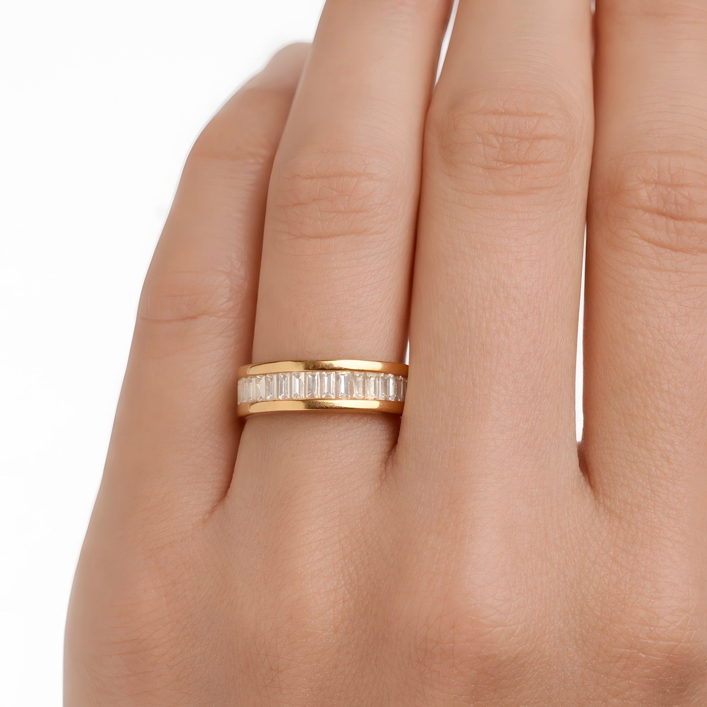 Natural 1.64 Ct E-VVS Channel Set Baguette Band Ring in 14K Yellow Gold