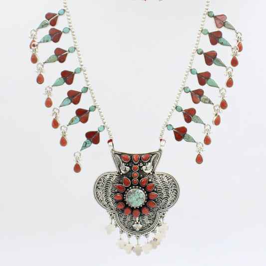 Vintage Southwestern Turquoise & Coral Pendant Necklace in Sterling Silver