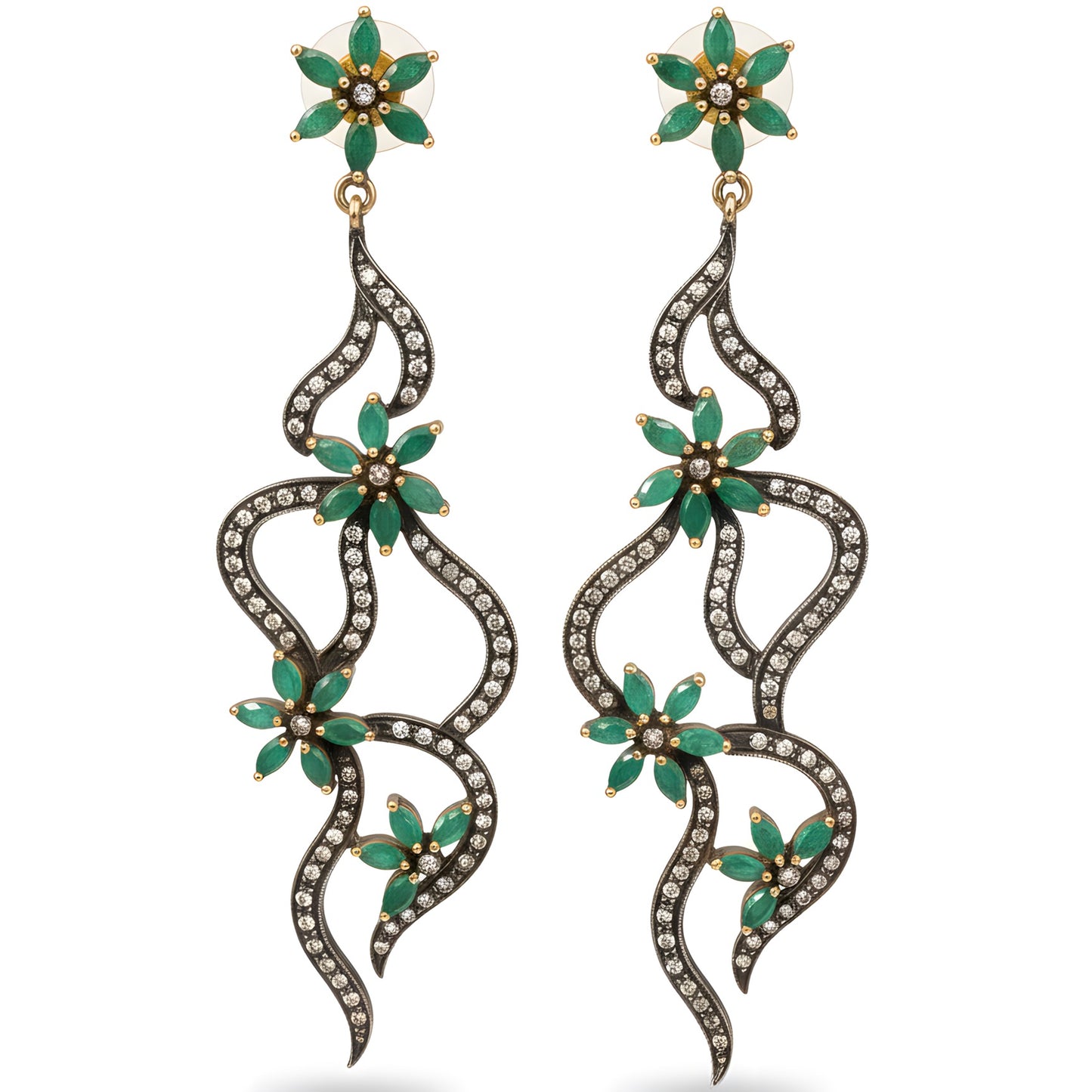 Victorian 7.65 Ct Natural Emerald & Diamond Drop Earrings in 14K Gold & Silver
