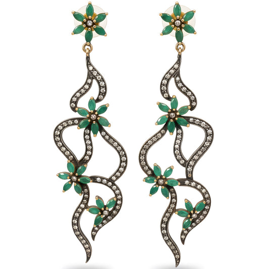 Victorian 7.65 Ct Natural Emerald & Diamond Drop Earrings in 14K Gold & Silver