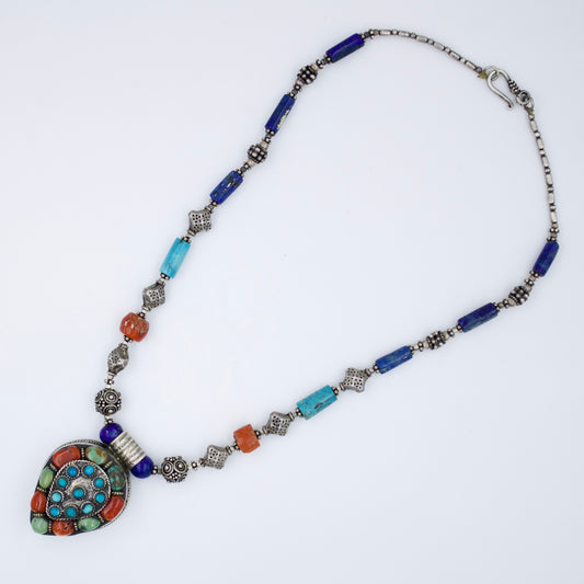 Vintage Tibetan Turquoise Coral Lapis Tribal Queen Royal Pendant Necklace in Sterling Silver 18 Inches
