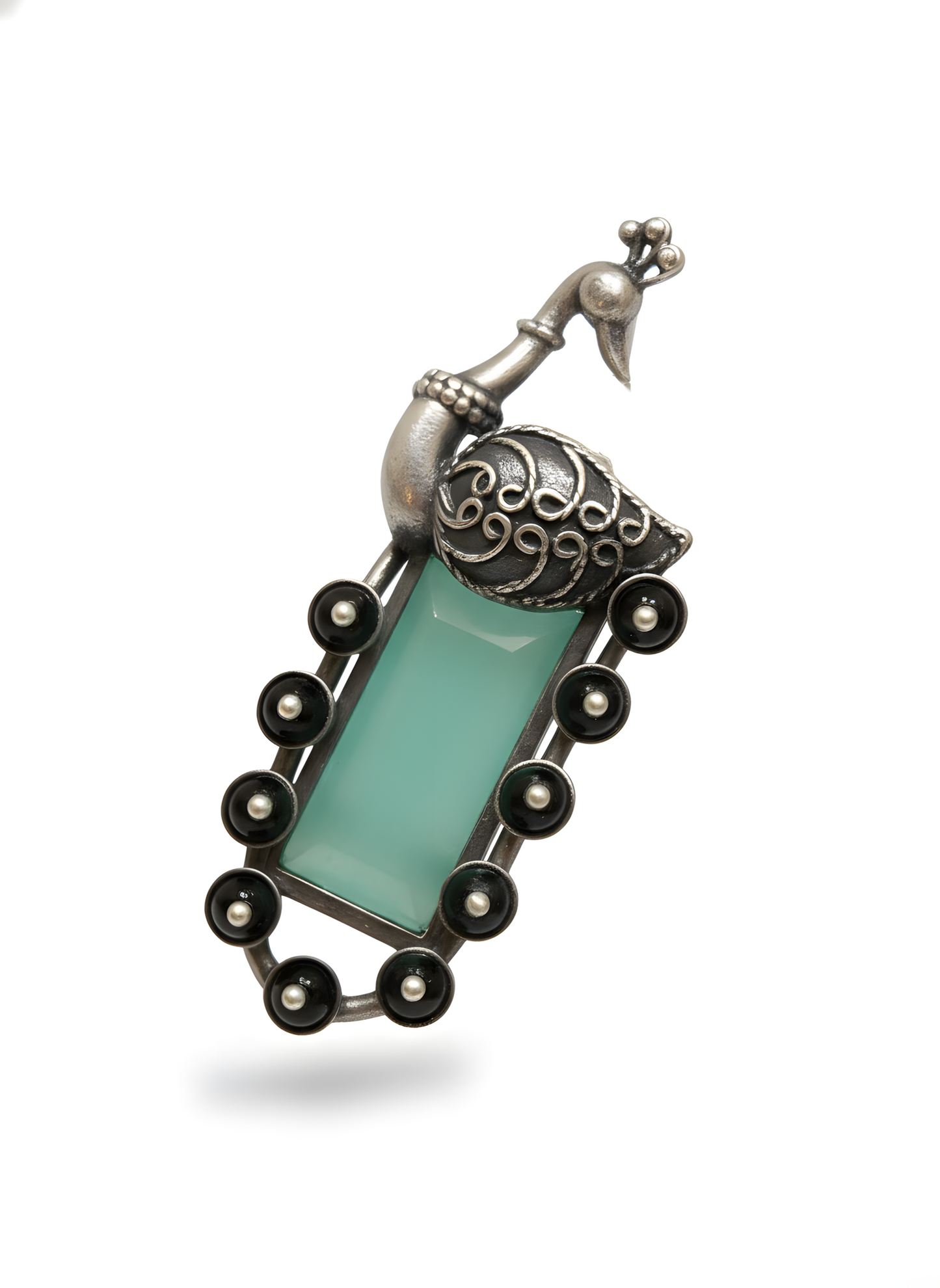 Artisanal Sterling Silver Peacock Motif Earrings with Mint Chalcedony