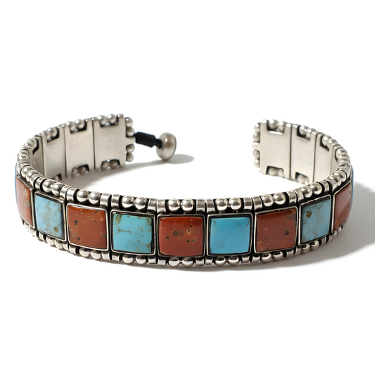 Vintage Natural Coral Turquoise Tribal Broad Loose Bracelet in Sterling Silver