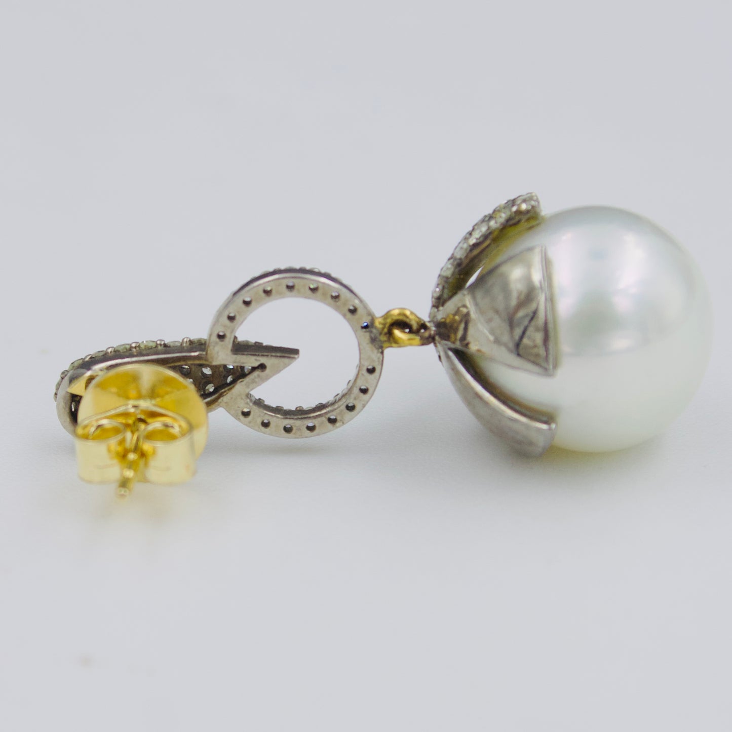 Victorian Diamond South Sea Pearl Drop Earrings in 14K Gold & Sterling Silver