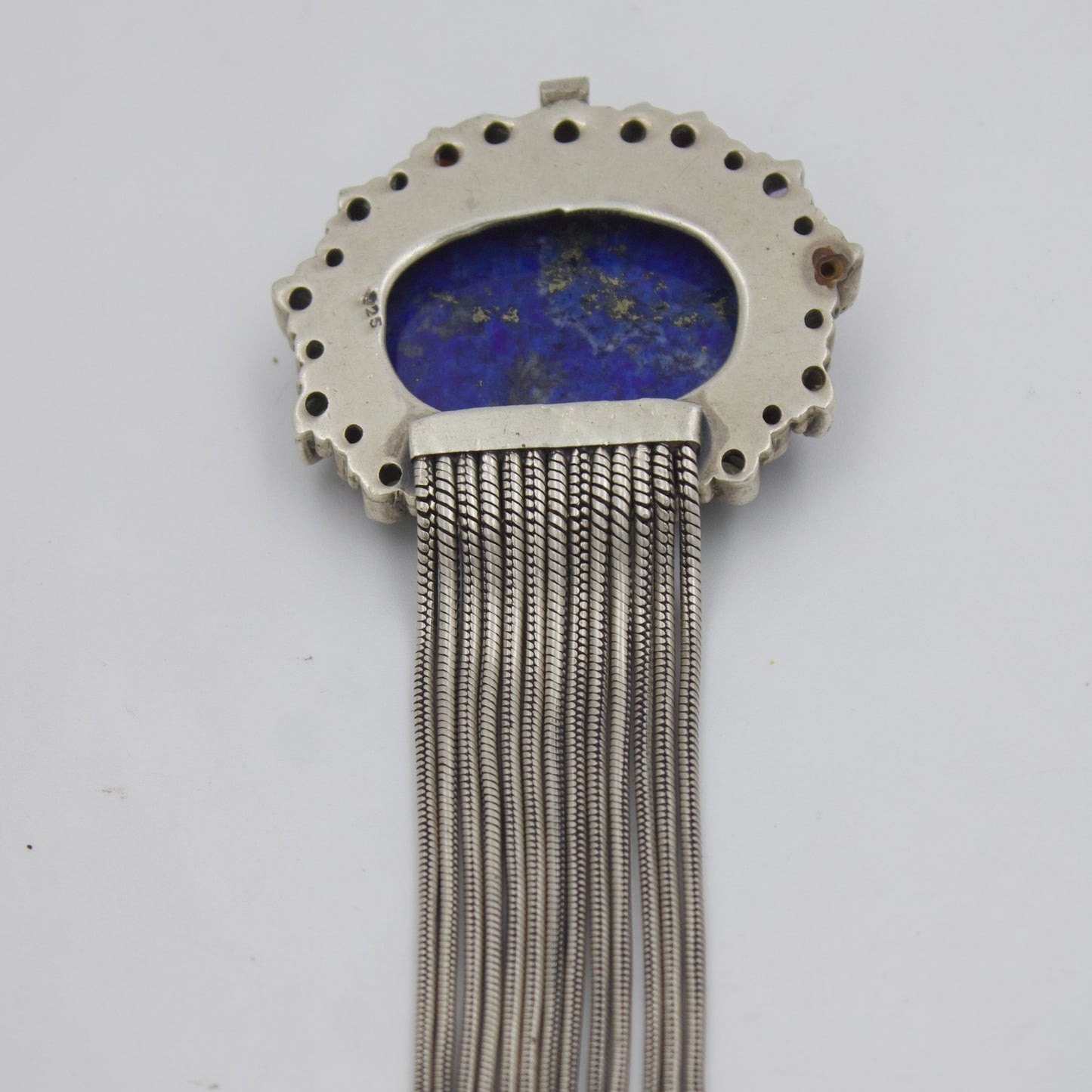 Lapis Lazuli Multi-Tourmaline Chain Fringe Tassel Statement Pendant in 925 Silver