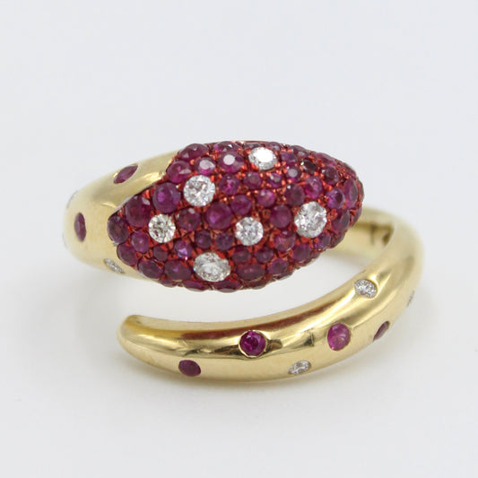 Unique AAA Natural Ruby & Diamond Serpent Wrap Around Ring in 18K Gold