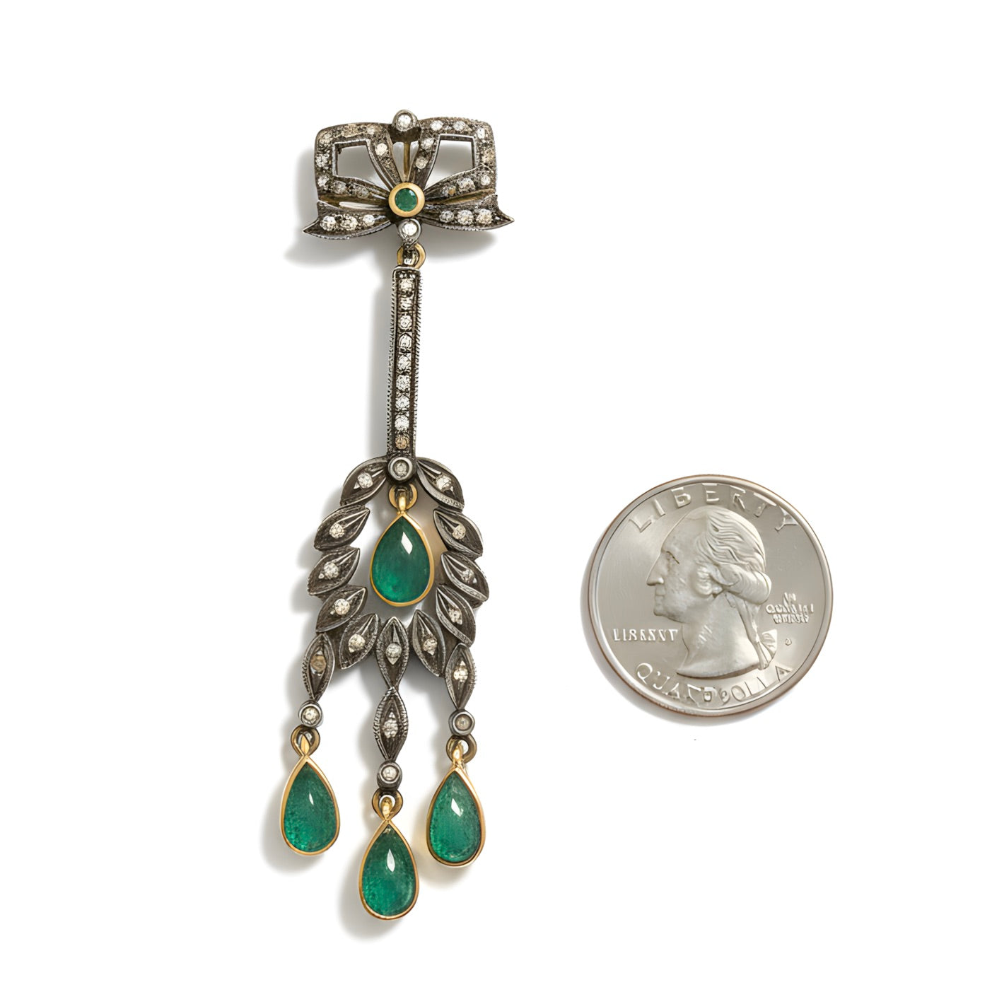 Victorian 2.45 Ct Natural Emerald & Diamond Drop Earrings in 14K Gold & Silver