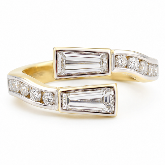 1.47 ct Created Diamond Bypass Ring with Tapered Baguette & Round Cut Accents in 18k Gold Size 6