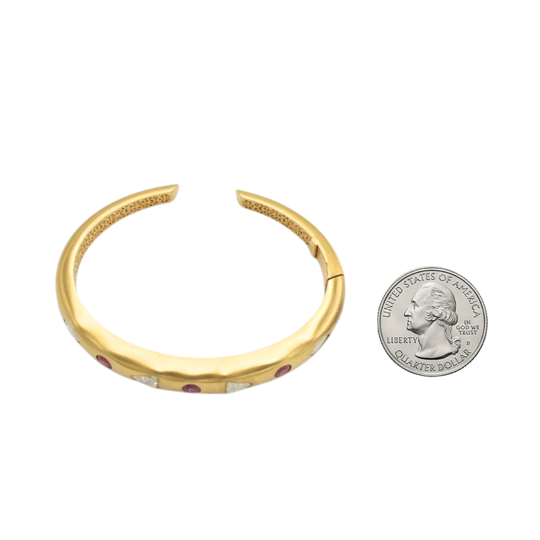 Natural 3.66 Ct Untreated Ruby & Diamond Hinged Cuff Bracelet 18KY Brushed Gold