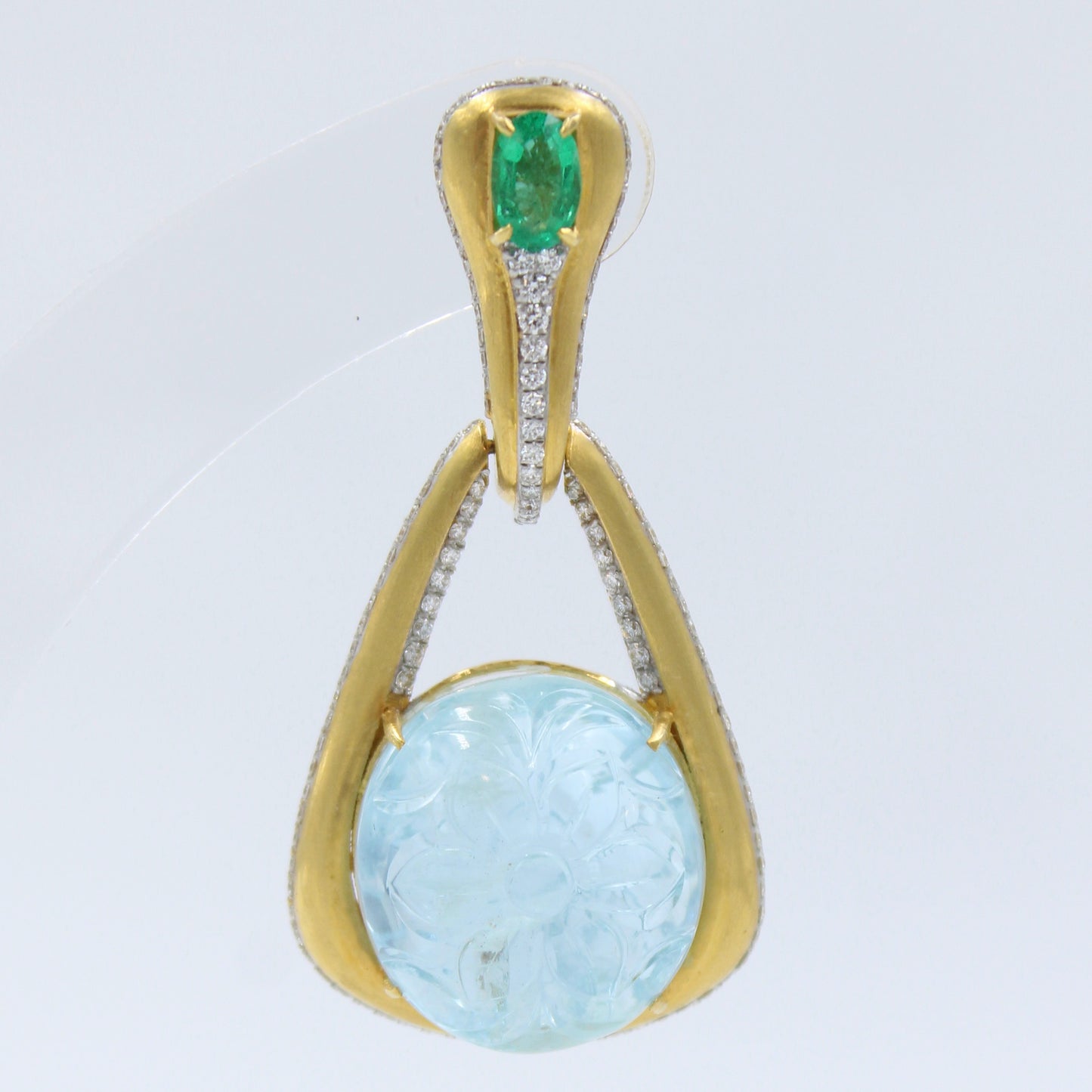 44.9 Ct Carved Aquamarine, Emerald & Diamond Drop Earrings 18K Brushed Gold