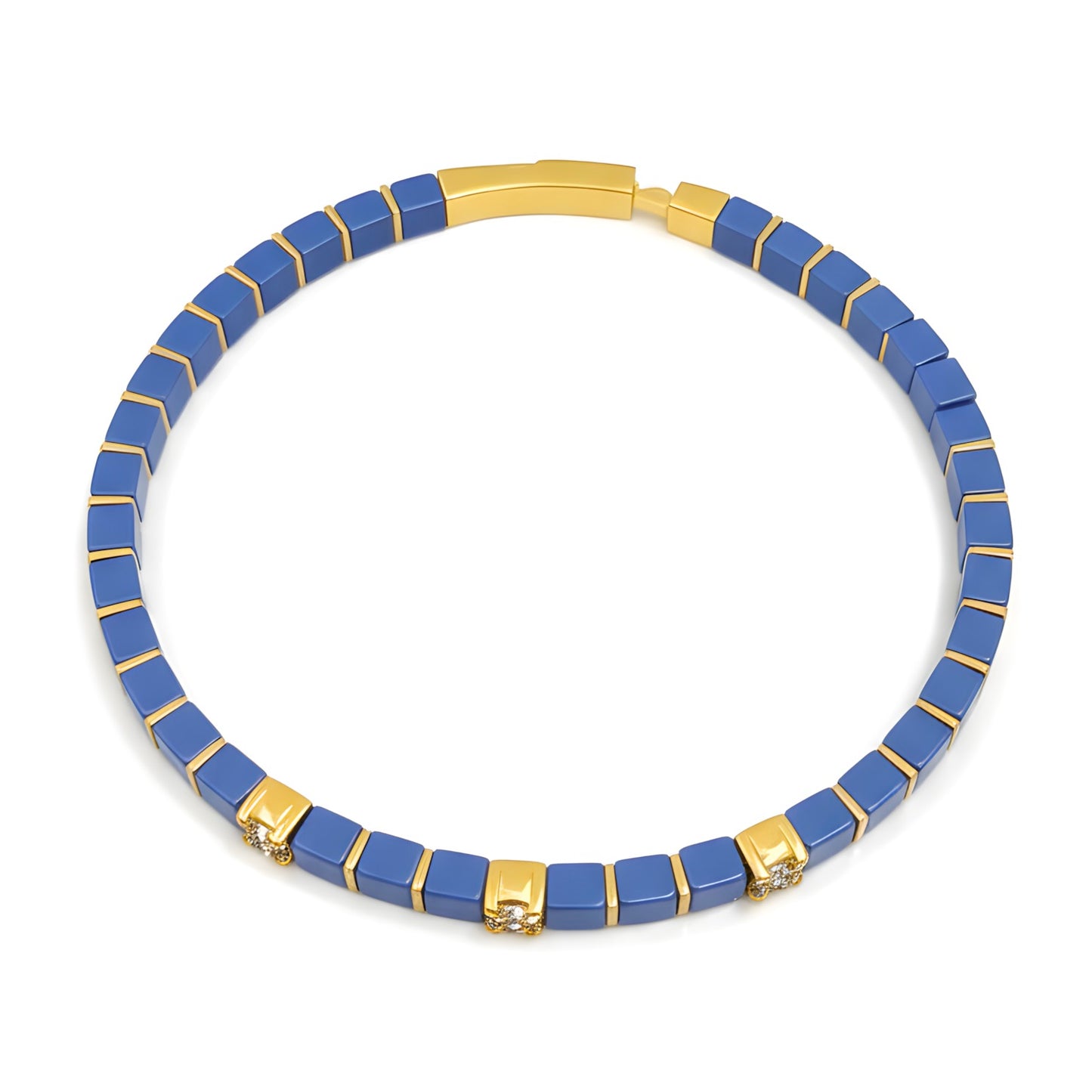 Natural 45.29 TCW Lapis Lazuli and Diamond Tile Beaded Bracelet 14K Gold
