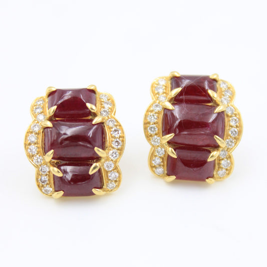 Elegant 7.75 CT Natural Ruby and Diamond Stud Earrings in 18K Yellow Gold