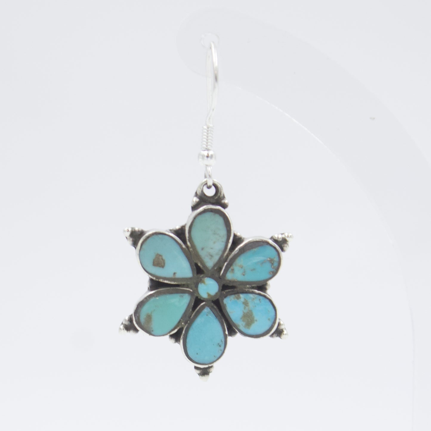 Vintage Southwestern Turquoise Flower Drop Dangle Earrings in Sterling Silver